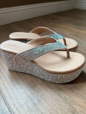 INC International Concepts Nude Crystal Embellished Wedge Sandals